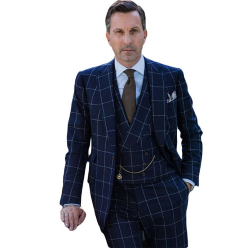 Business Men Suits Slim Fit 3Pcs Navy Blue Plaid Fashion Tuxedo Jacket Coats Groom Wedding Formal Business Causal Prom Tailored