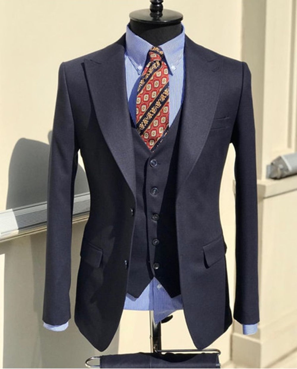 Business Navy Blue Black Men‘s Suits Slim Costume Homme Wedding Groom 3Pcs Terno Prom Blazer Trousers Jacket+Pant+Vest