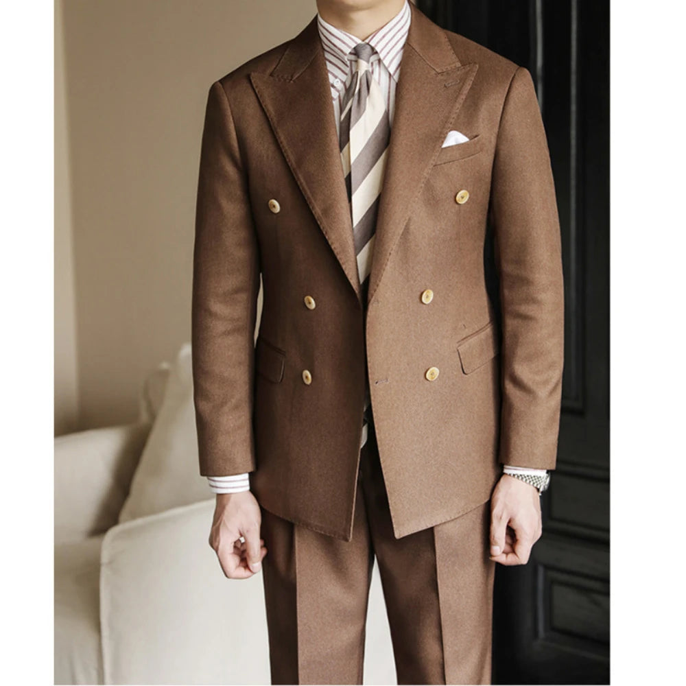 Business Suits for Men Double Breasted Luxury Classical Formal Casual 2 Piece Jacket Pant Quality Solid Color Slim Costume Homme