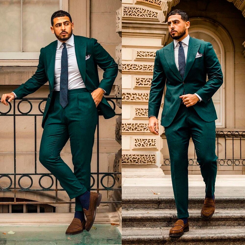 Business Suits Men Dark Green Two Button Groom Dinner Formal Evening Wedding Tuxedos Birthday Party Wear Blazer 2 Pieces