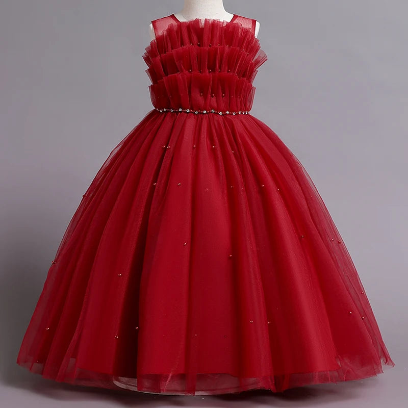 Girls Sleeveless Tulle Beaded Ball Gown Dress Red