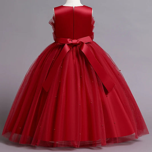 Girls Sleeveless Tulle Beaded Ball Gown Dress Red