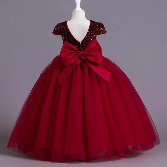 Vestido de tul con corpiño de lentejuelas color burdeos para niña de las flores 