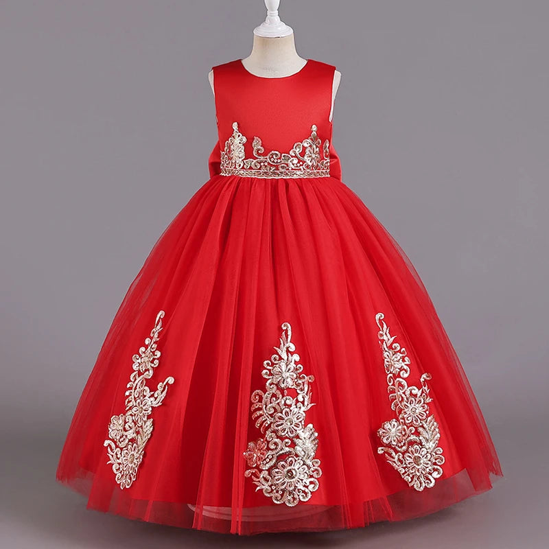 Vestido de niña de flores de tul rojo sin mangas con apliques bordados 