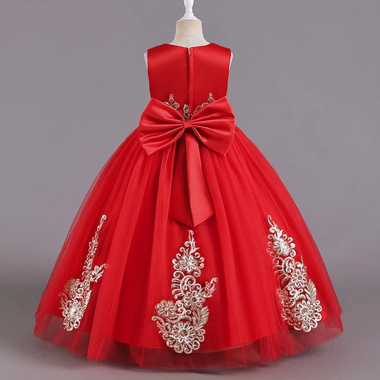 Vestido de niña de flores de tul rojo sin mangas con apliques bordados 