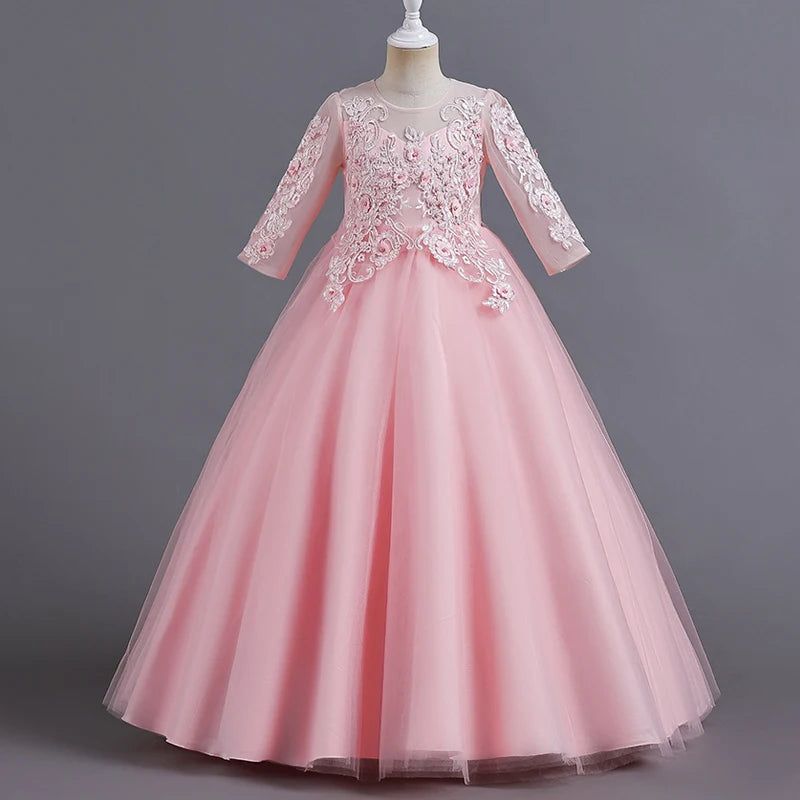 Vestido de tul con encaje y manga larga para niña, vestido de baile rosa 