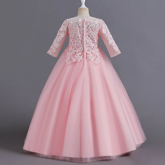 Vestido de tul con encaje y manga larga para niña, vestido de baile rosa 