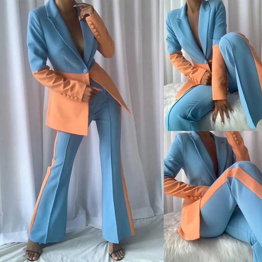 Candy Color Patchwork Women Pants Suits Slim Fit Evening Party Office Ladies Wear For Wedding Loose Wide Leg Dress 2 Pieces