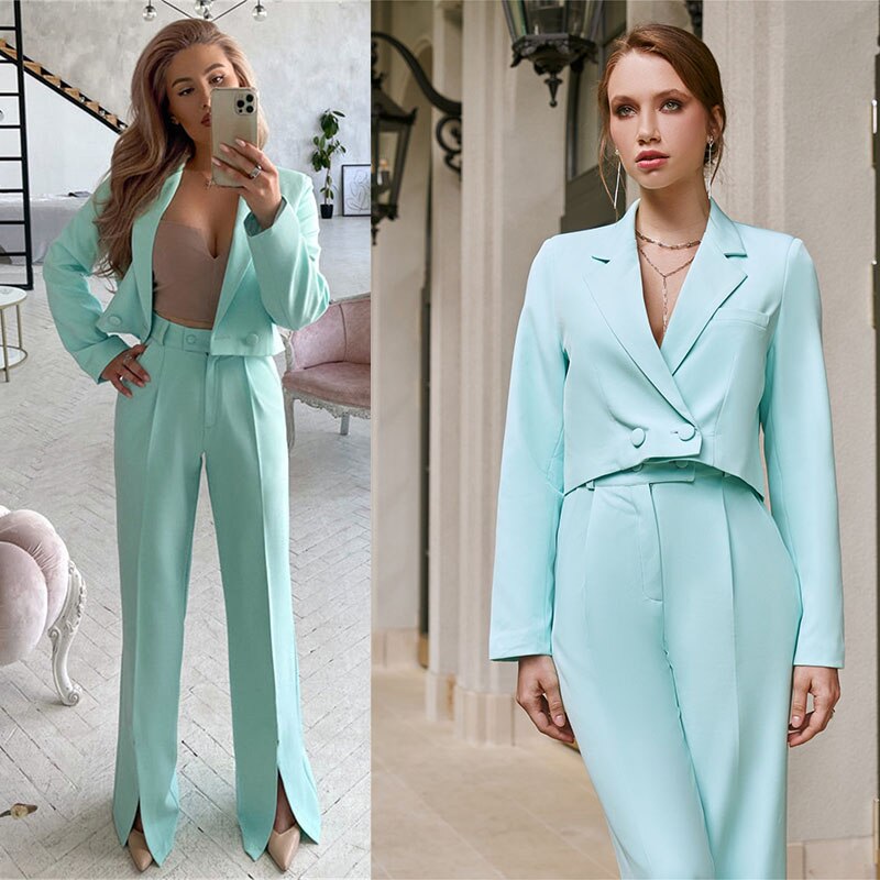 Ensemble 2 pièces pour femme, couleur bonbon, coupe slim, tenue de soirée, blazer et pantalon évasé 