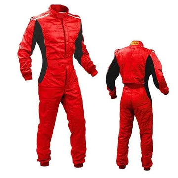 Traje de carreras rojo con detalles negros para adultos