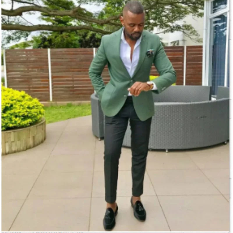Trajes casuales verdes para hombre, de un solo pecho, con solapa con muesca, para novio, boda, esmoquin, corte entallado, para graduación, blazer, personalizado, 2 piezas 