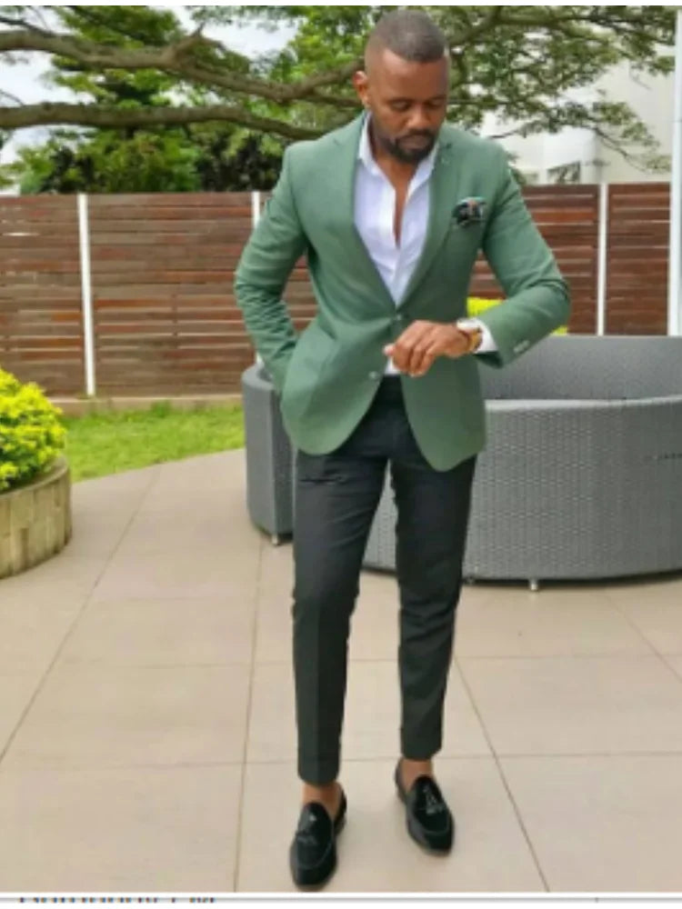 Trajes casuales verdes para hombre, de un solo pecho, con solapa con muesca, para novio, boda, esmoquin, corte entallado, para graduación, blazer, personalizado, 2 piezas 