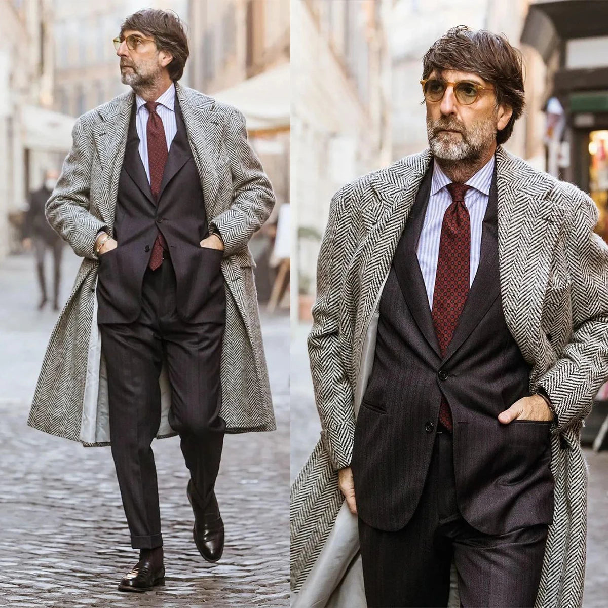 Abrigo informal y elegante de lana de tweed con diseño de espiga para hombre, grueso, personalizado, de un solo pecho, largo, chaqueta cálida de invierno