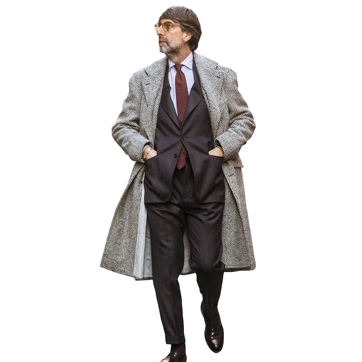 Abrigo informal y elegante de lana de tweed con diseño de espiga para hombre, grueso, personalizado, de un solo pecho, largo, chaqueta cálida de invierno