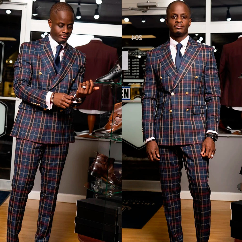 Trajes casuales para hombre con dos botones, dos piezas, chaqueta, pantalones, cuadrícula, hechos a medida, para novio, boda, ocasión formal