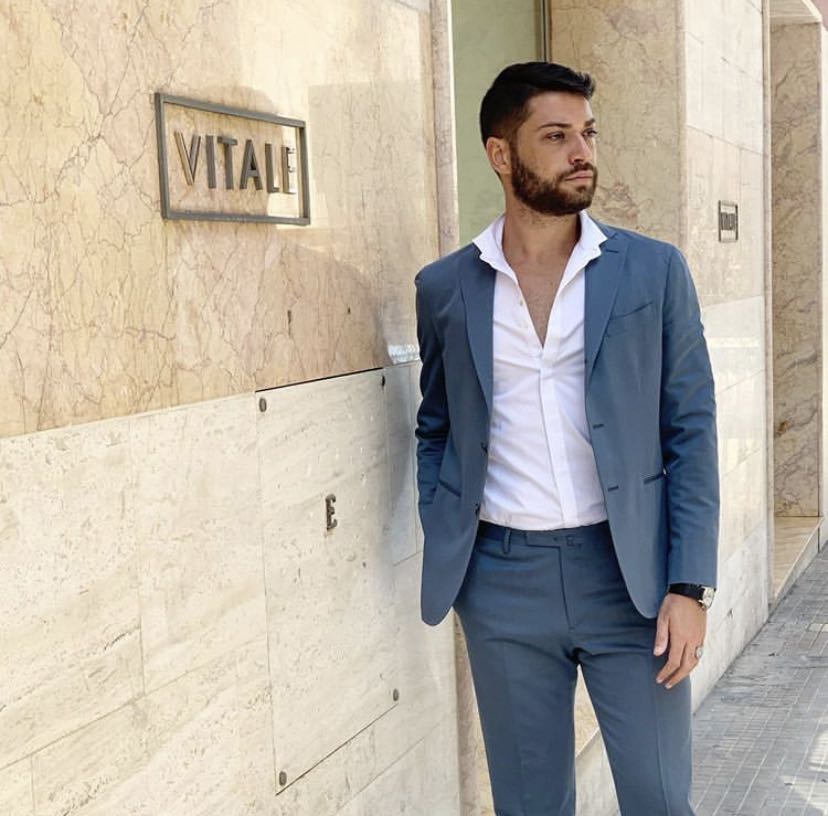 Trajes casuales de calle azul para hombre, esmóquines de boda a medida, trajes ajustados (chaqueta + pantalón + chaleco) 