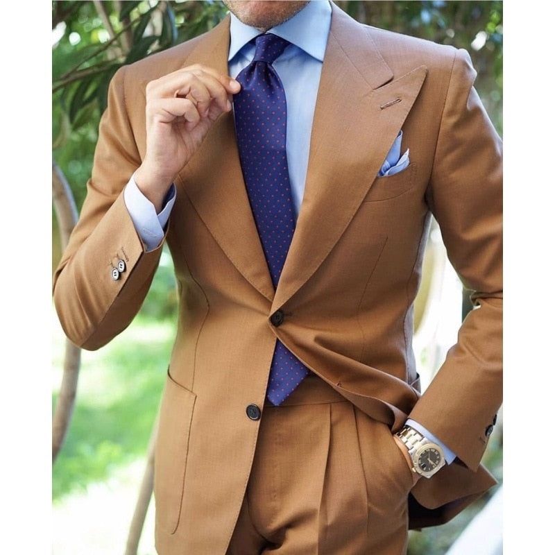 Conjunto de traje informal y elegante de 2 piezas para hombre, clásico, marrón, con chaqueta y pantalón de negocios, traje de boda liso y ajustado. 