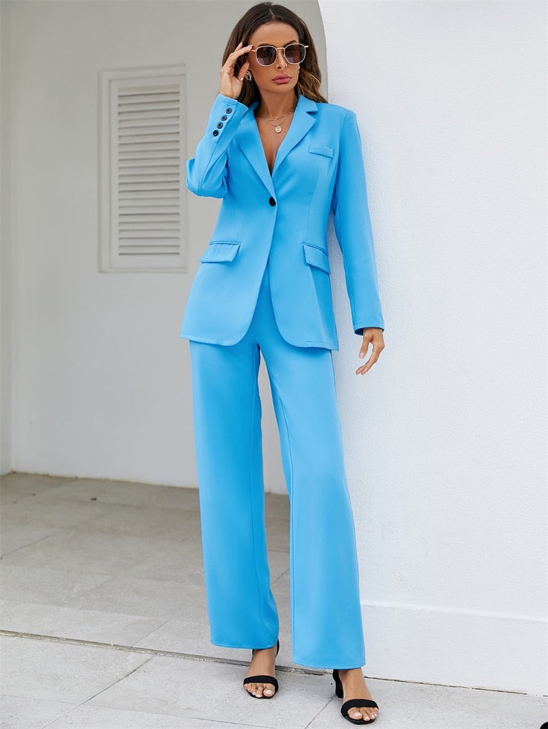 Conjunto de traje informal para mujer, blazer y pantalón, 2 piezas, azul claro, sexy, cuello en V, abrigo, chaqueta, traje a medida, vestido de fiesta. 