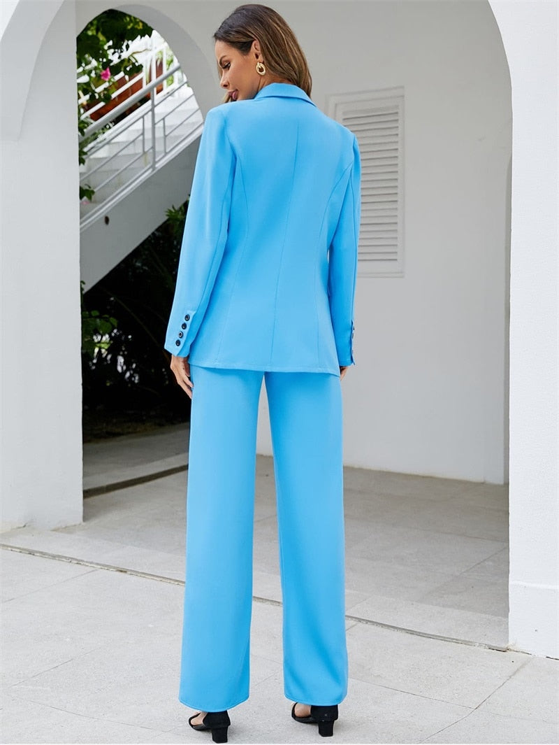 Conjunto de traje informal para mujer, blazer y pantalón, 2 piezas, azul claro, sexy, cuello en V, abrigo, chaqueta, traje a medida, vestido de fiesta. 
