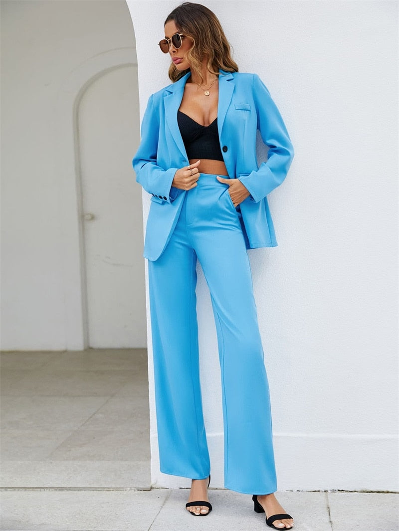 Conjunto de traje informal para mujer, blazer y pantalón, 2 piezas, azul claro, sexy, cuello en V, abrigo, chaqueta, traje a medida, vestido de fiesta. 