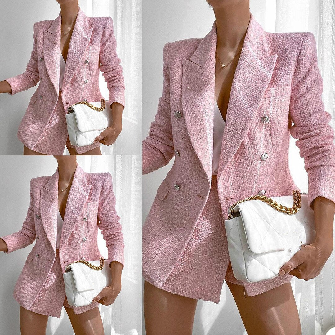 Trajes de vestir para mujer, color rosa, cortos, de 2 piezas, para fiesta de noche, graduación, blazer, esmoquin, trajes formales (chaqueta + pantalón) 