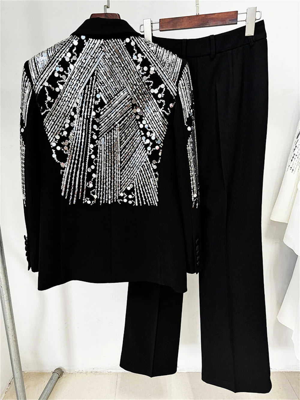 Celebrity Sequined Suit Set for Women Single Button Long Sleeves Suits Formal Fashion Tuxedo Blazer Pants Set