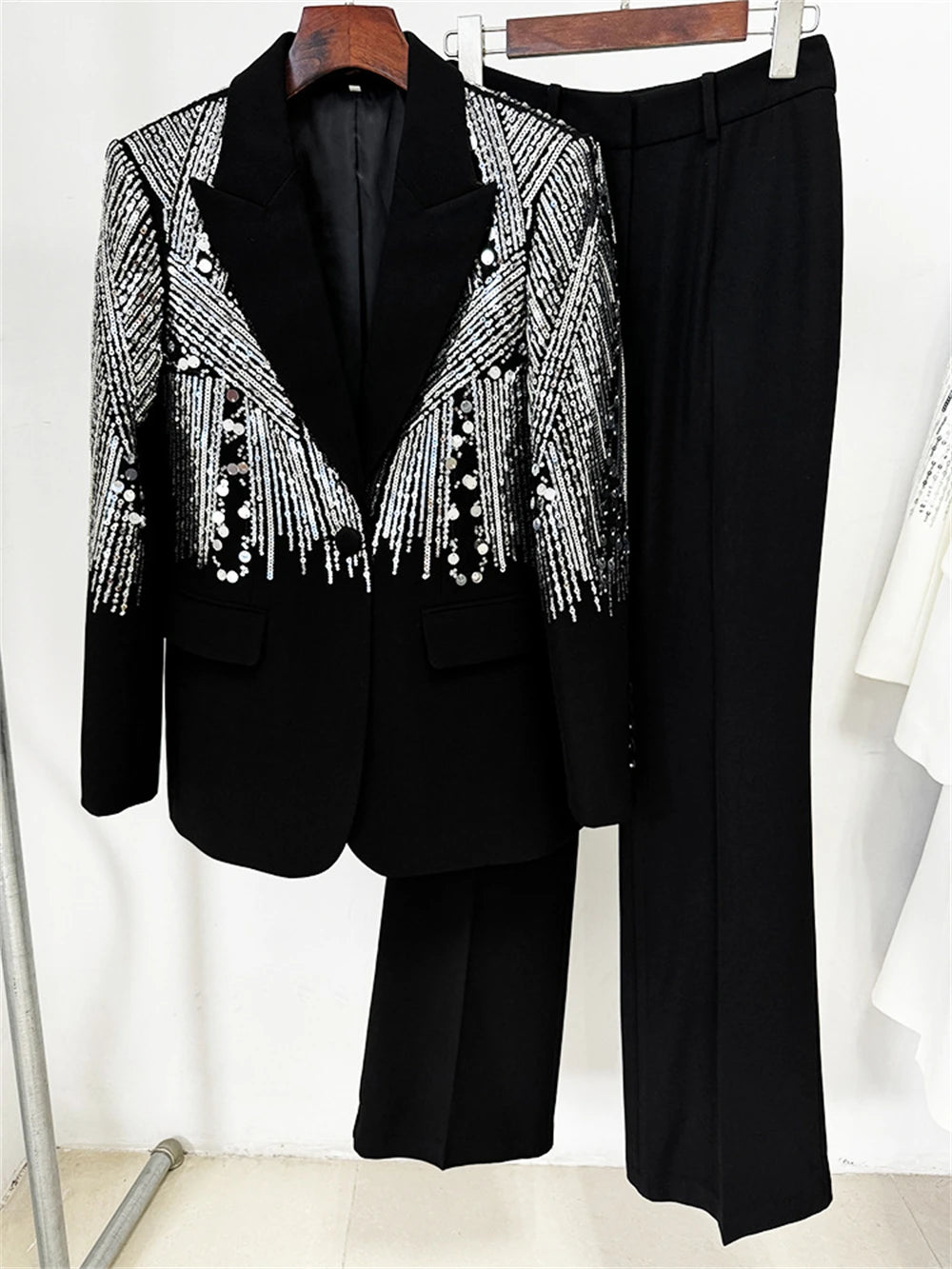 Celebrity Sequined Suit Set for Women Single Button Long Sleeves Suits Formal Fashion Tuxedo Blazer Pants Set