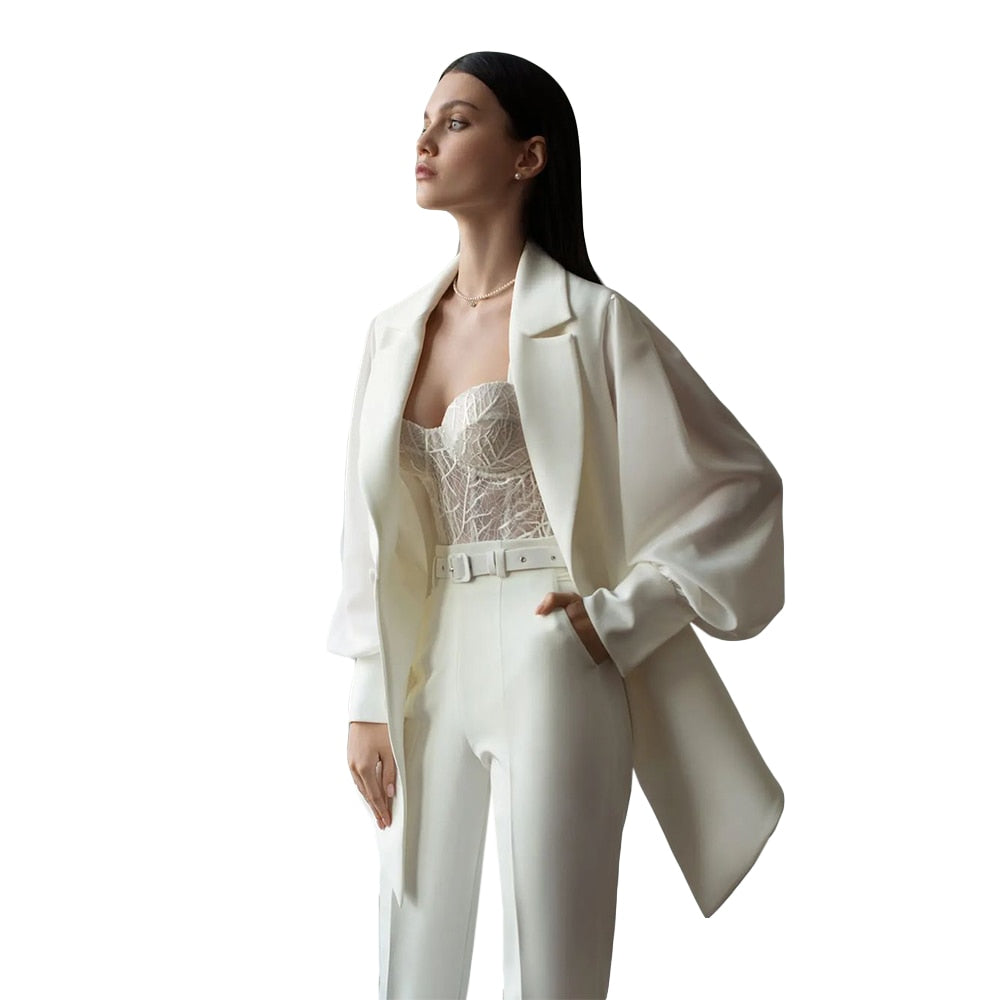 Ensembles blazer et pantalon ivoire pour femme, tenue de bureau, 2 pièces 