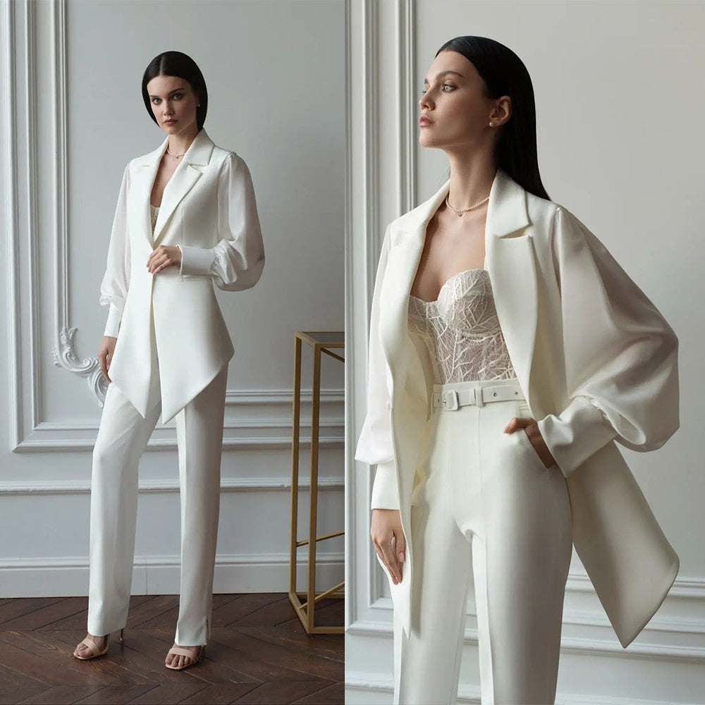 Ensembles blazer et pantalon ivoire pour femme, tenue de bureau, 2 pièces 