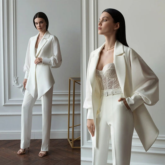 Wedding Women's Blazer Sets Ivory Pants Suits Office Ladies 2 Pcs