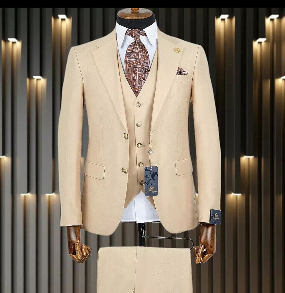 Champagne 3 Pcs Jacket Pants Vest Blazer Trousers Men's Wedding Party Wear Suits Men Sets Outfit