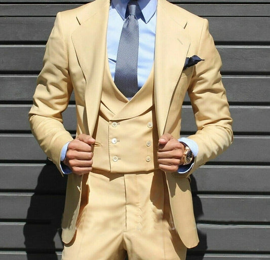 Champagne Business Peaked Lapel Blazer Trousers Men’s Suits Set Costume Homme Slim Fit Wedding Party Wear 3Pcs Jacket Pants Vest