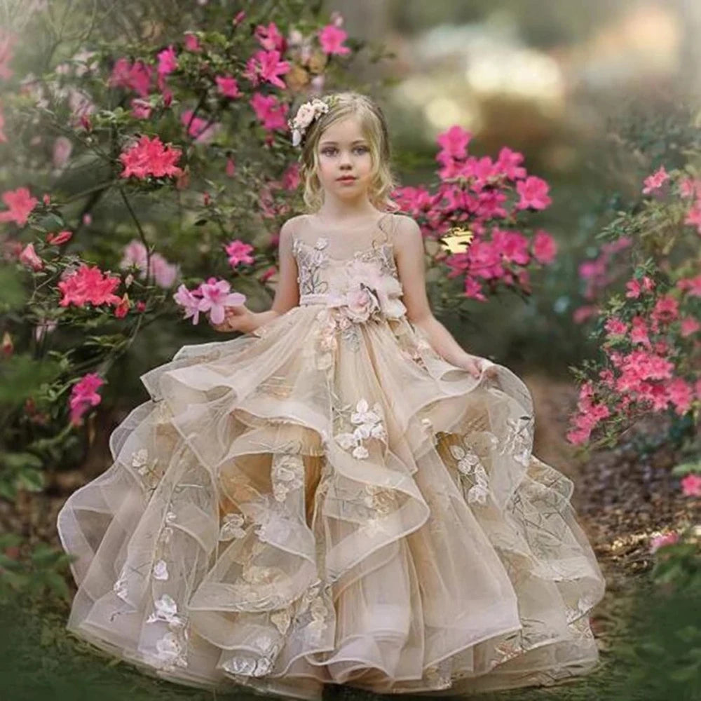 Girls Floral Lace Ball Gown Princess Dress with Layered Tulle Skirt