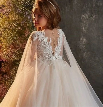 Elegant A-Line Tulle Wedding Dress with Floral Lace Appliques and Sheer Long Sleeves
