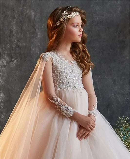 Elegant A-Line Tulle Wedding Dress with Floral Lace Appliques and Sheer Long Sleeves