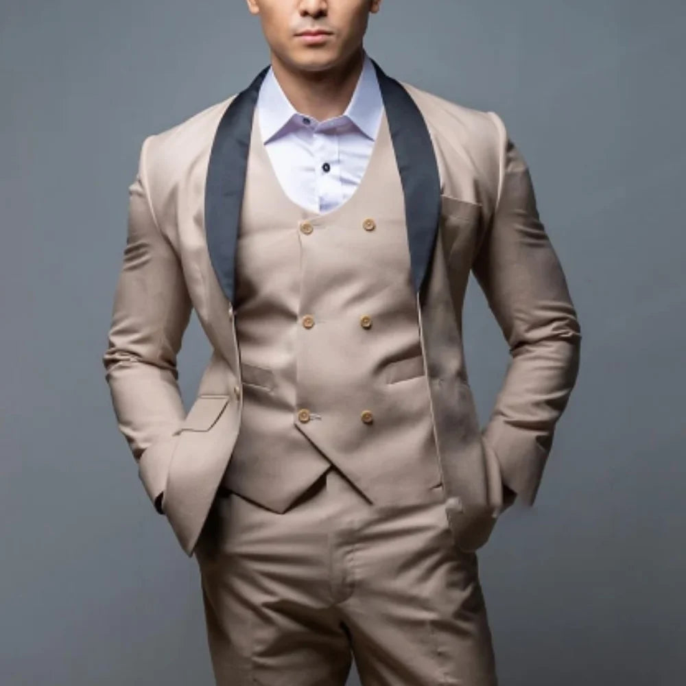 Traje de hombre color champán, de un solo pecho, con solapa chal negra, chaqueta, pantalón, chaleco, tres piezas, formal, para boda, corte entallado