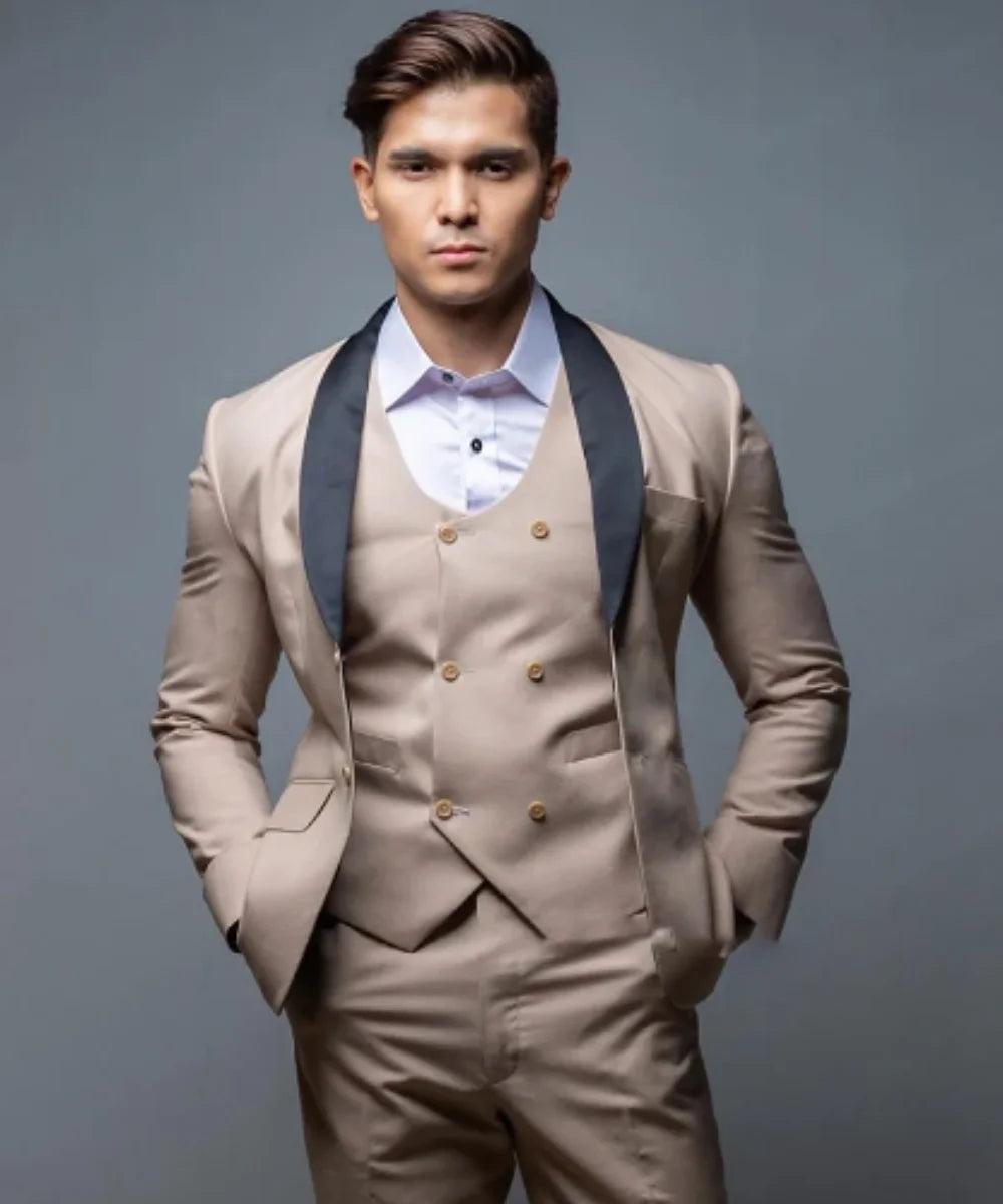 Traje de hombre color champán, de un solo pecho, con solapa chal negra, chaqueta, pantalón, chaleco, tres piezas, formal, para boda, corte entallado