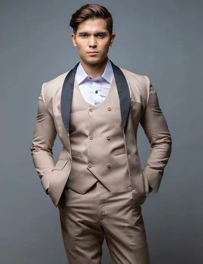 Traje de hombre color champán, de un solo pecho, con solapa chal negra, chaqueta, pantalón, chaleco, tres piezas, formal, para boda, corte entallado