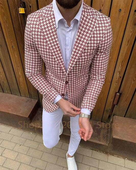 Check Men Blazer for Wedding Plaid Notch Lapel Two Buttons Pink Houndstooth Suit Jacket  Fashion 1 Pc Coat