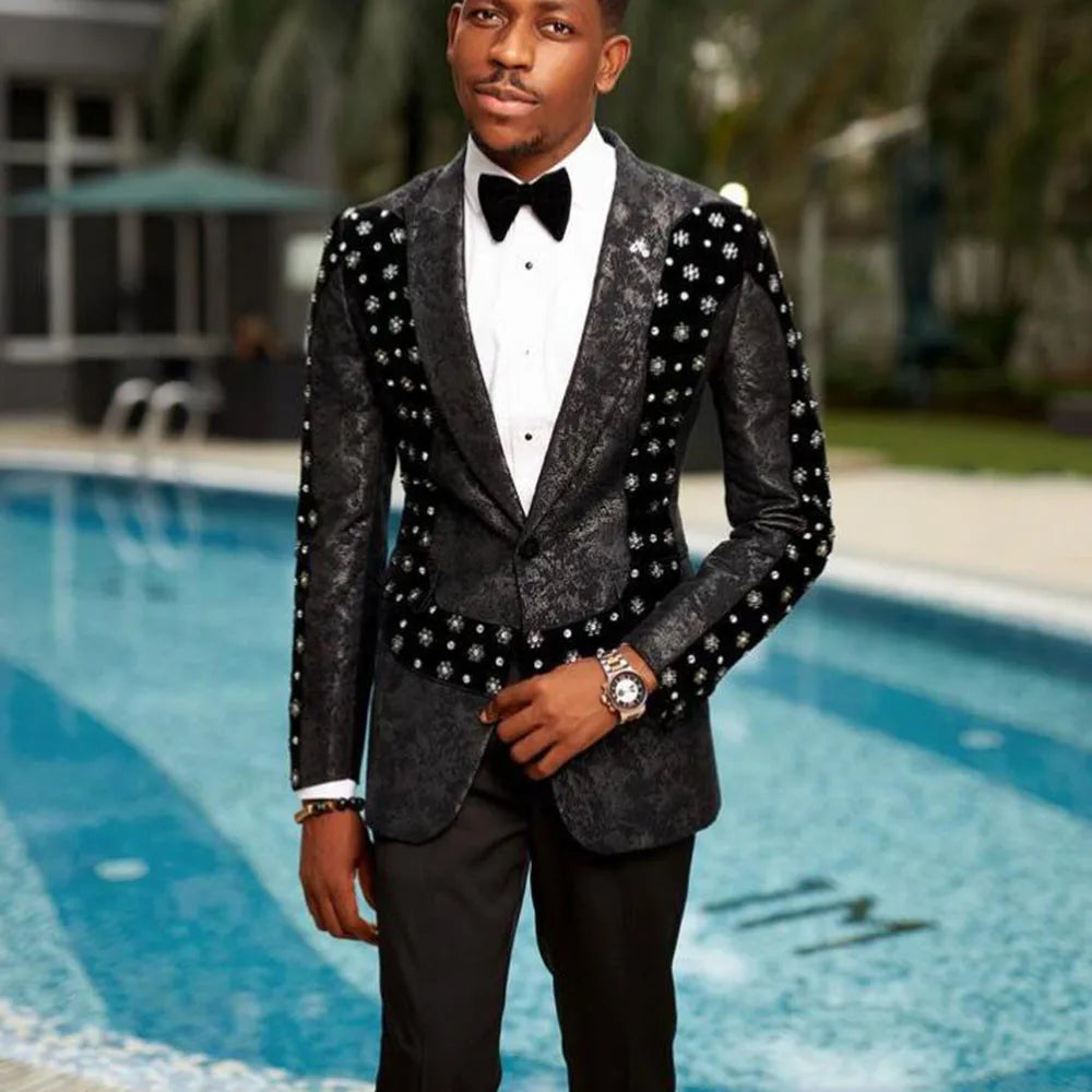 Chic Jacquard Suits Men for Wedding Notch Lapel Beaded Prom Blazer Design Velvet Floral Jacket Pants 2 Pieces Clothing