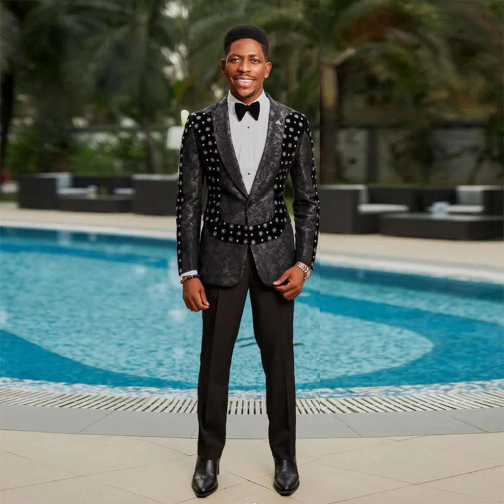 Chic Jacquard Suits Men for Wedding Notch Lapel Beaded Prom Blazer Design Velvet Floral Jacket Pants 2 Pieces Clothing