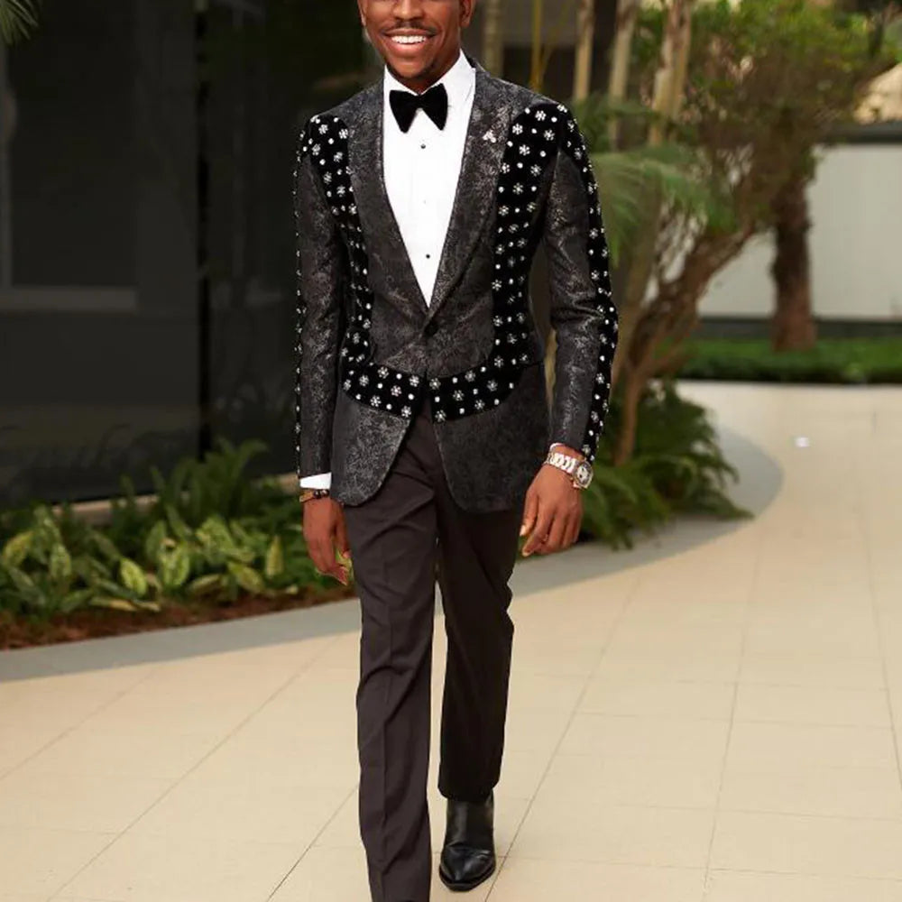 Chic Jacquard Suits Men for Wedding Notch Lapel Beaded Prom Blazer Design Velvet Floral Jacket Pants 2 Pieces Clothing