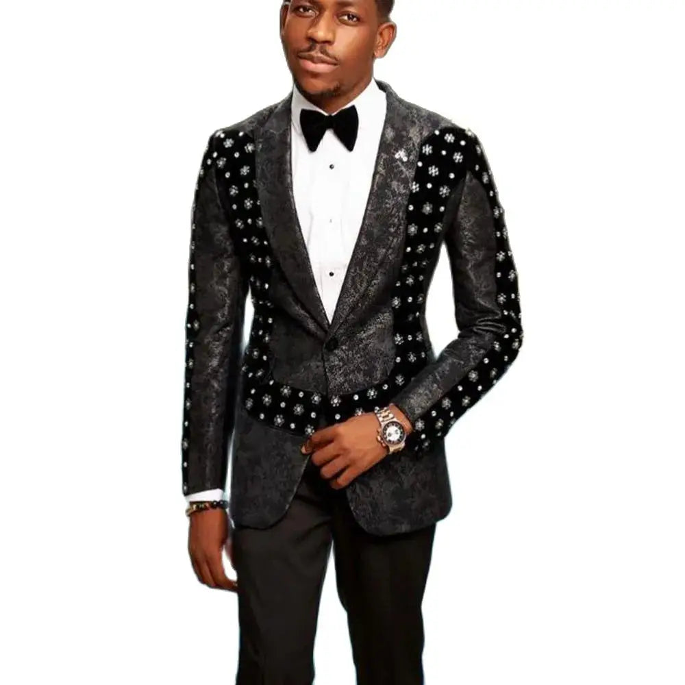 Chic Jacquard Suits Men for Wedding Notch Lapel Beaded Prom Blazer Design Velvet Floral Jacket Pants 2 Pieces Clothing