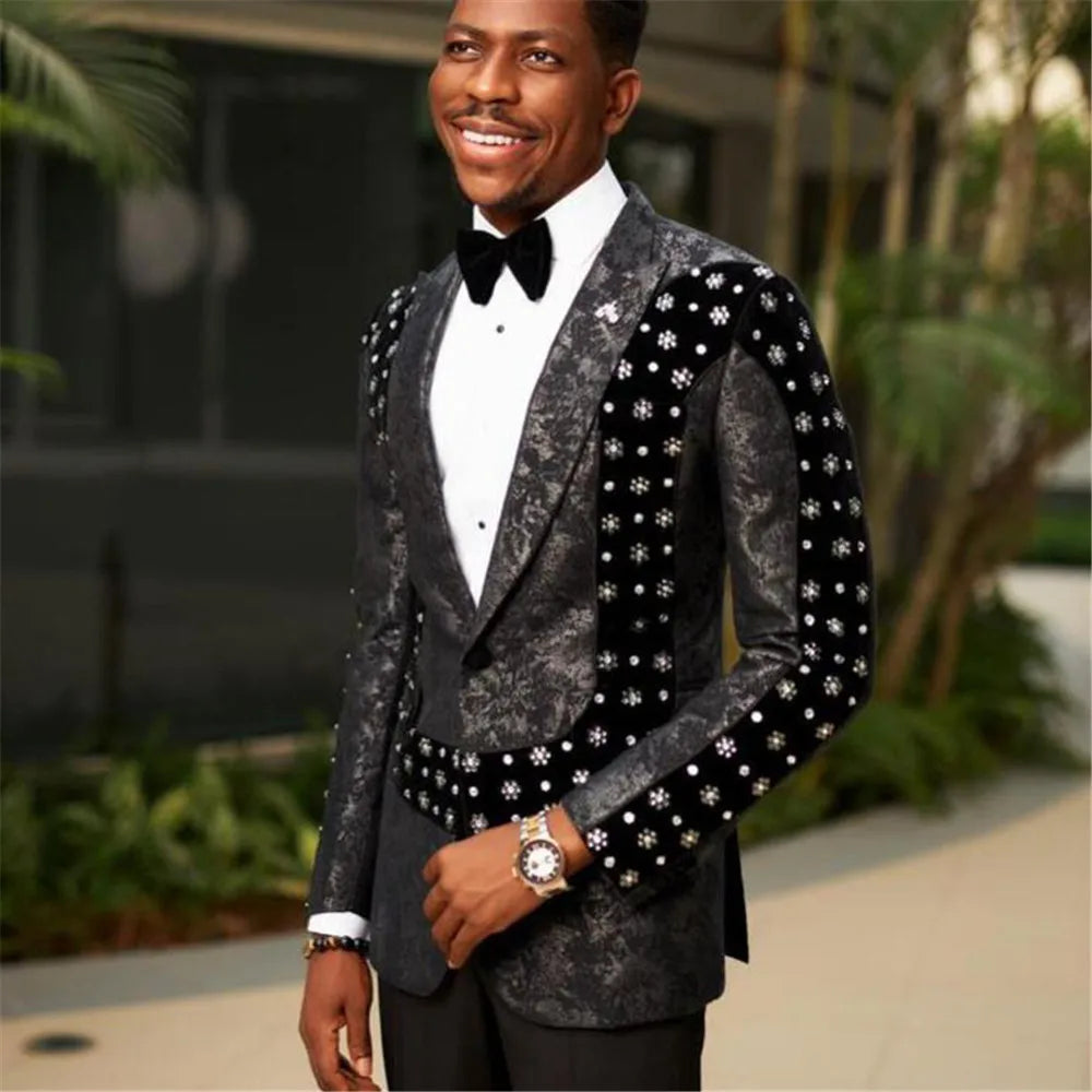 Chic Jacquard Suits Men for Wedding Notch Lapel Beaded Prom Blazer Design Velvet Floral Jacket Pants 2 Pieces Clothing