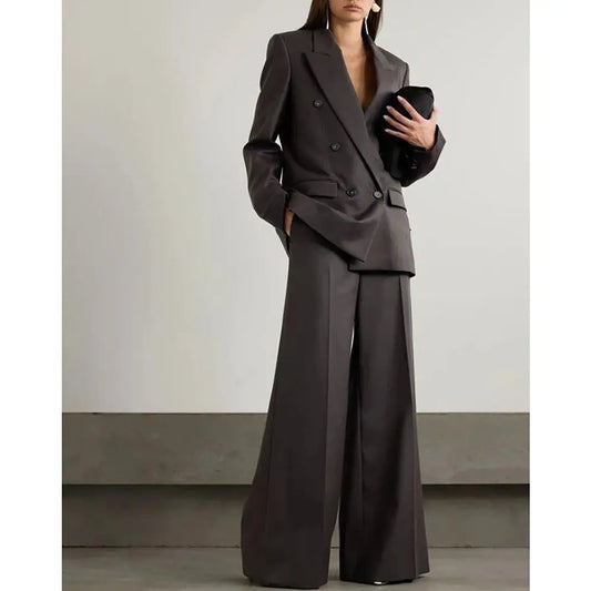 Stylish Oversized Dark Brown Double-Breasted Blazer and Wide-Leg Trousers Set for Sophisticated Women