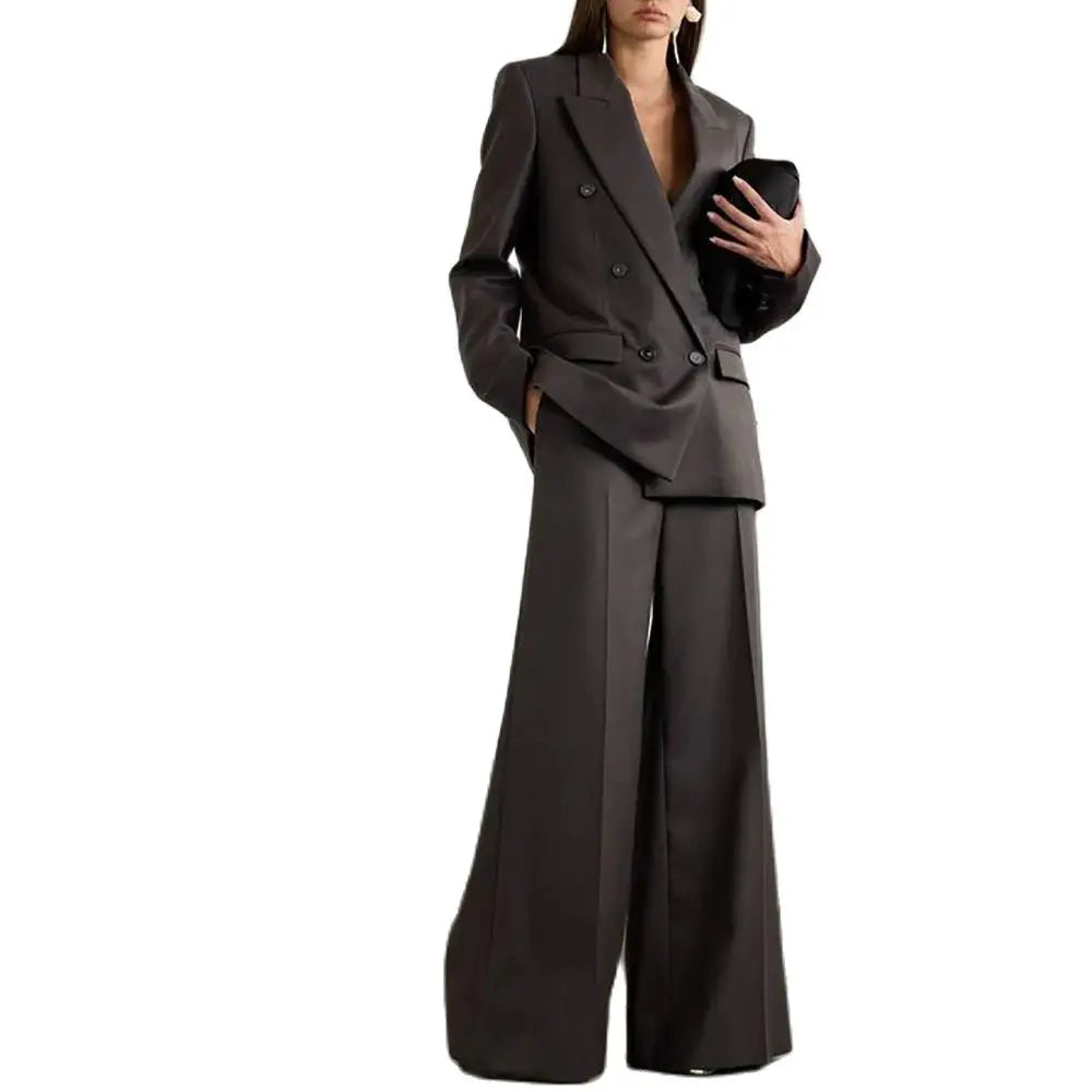Stylish Oversized Dark Brown Double-Breasted Blazer and Wide-Leg Trousers Set for Sophisticated Women