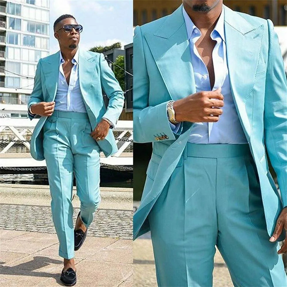 Men's Stylish Light Blue Two Piece Suit Blazer and Trousers with White Shirt