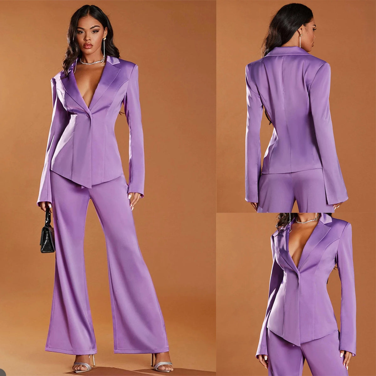 Elegante blazer para mujer, traje de 2 piezas, sexy, con solapa con muescas, chaqueta de un botón, pantalones acampanados, para fiesta de graduación, formal, hecho a medida