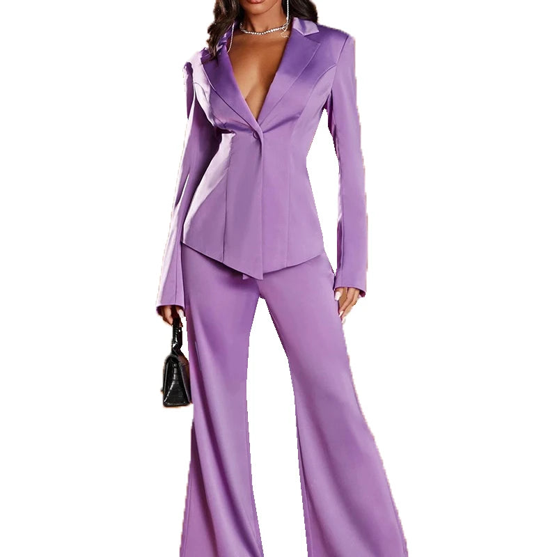 Elegante blazer para mujer, traje de 2 piezas, sexy, con solapa con muescas, chaqueta de un botón, pantalones acampanados, para fiesta de graduación, formal, hecho a medida