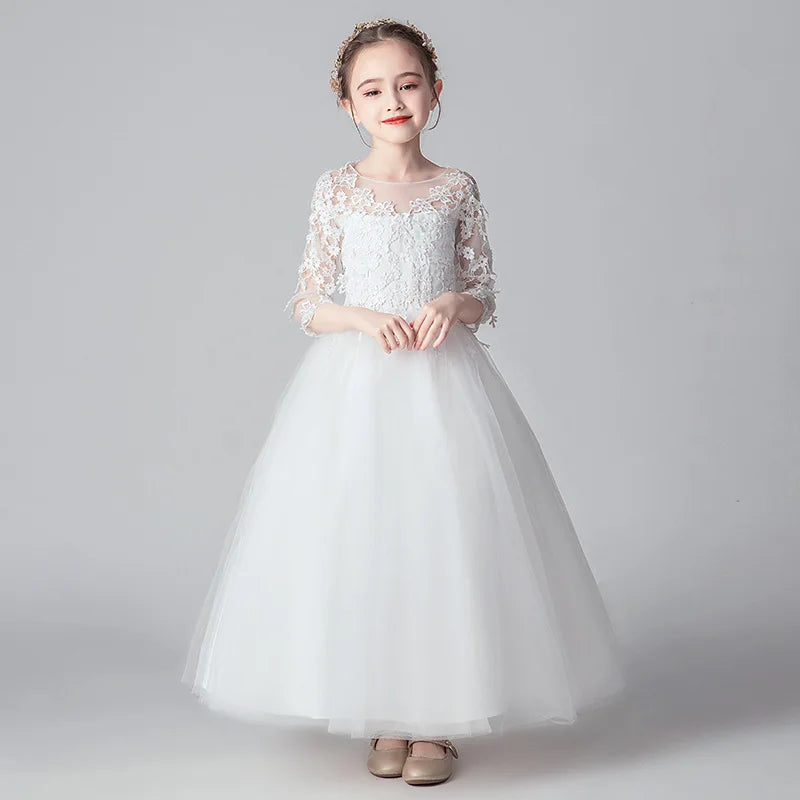 Girls White Lace and Tulle Long Sleeve Floor Length Flower Girl Dress